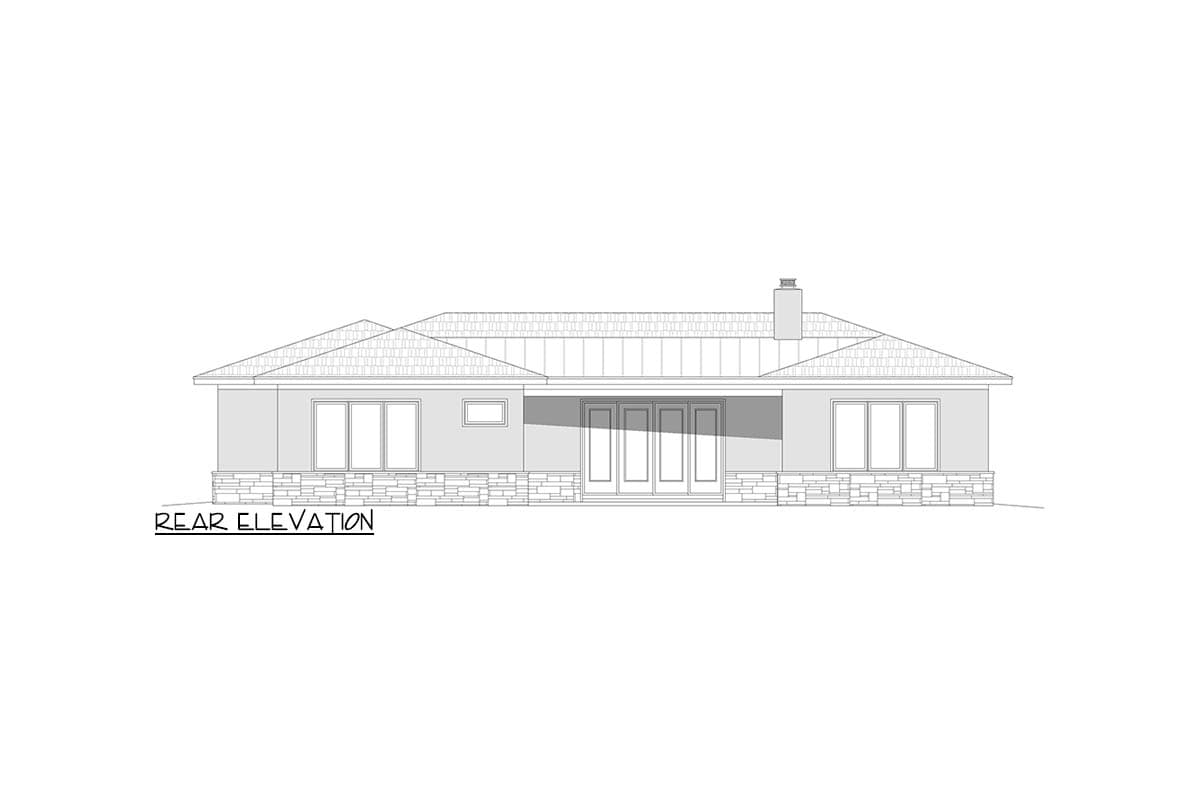 Rear elevation house plan: single-story, hip roof, stone base, and large central French doors.