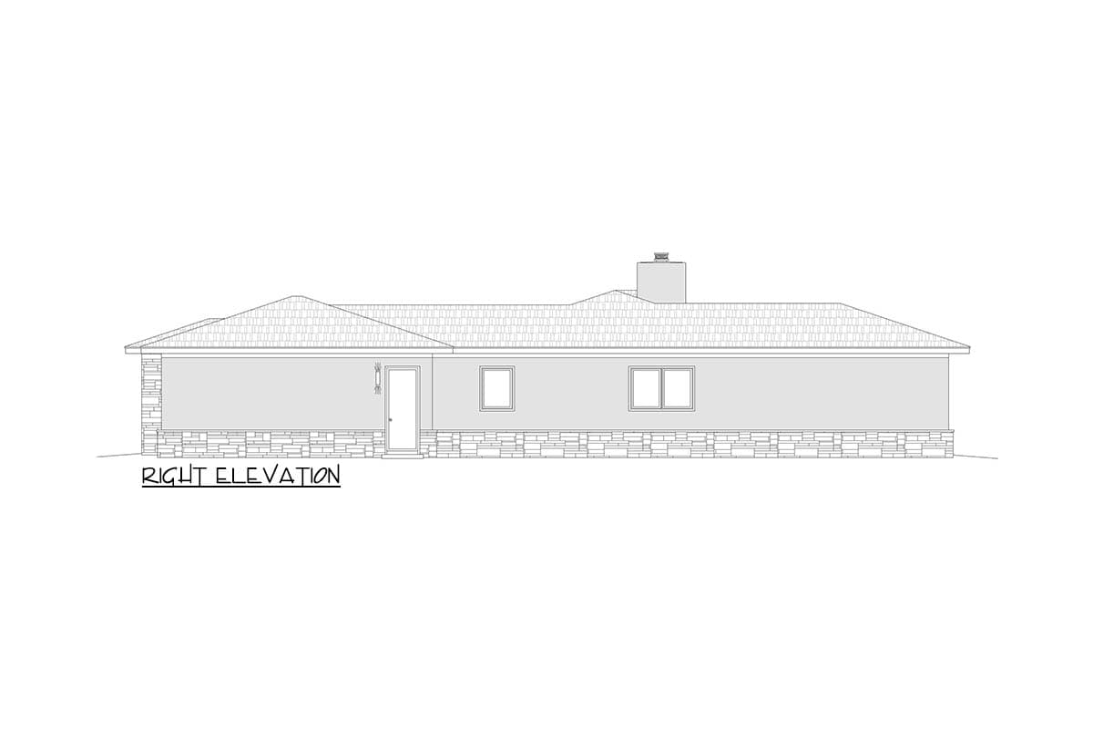 Right elevation house plan with stone wainscoting, one door, two windows, and a chimney.