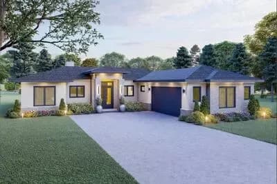 Contemporary Prairie House Plan with Flex Room and Courtyard Garage