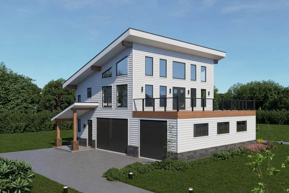 House plan exterior with modern design. Two-story structure featuring a shed roof, a covered porch, and a second-story deck with a black railing.