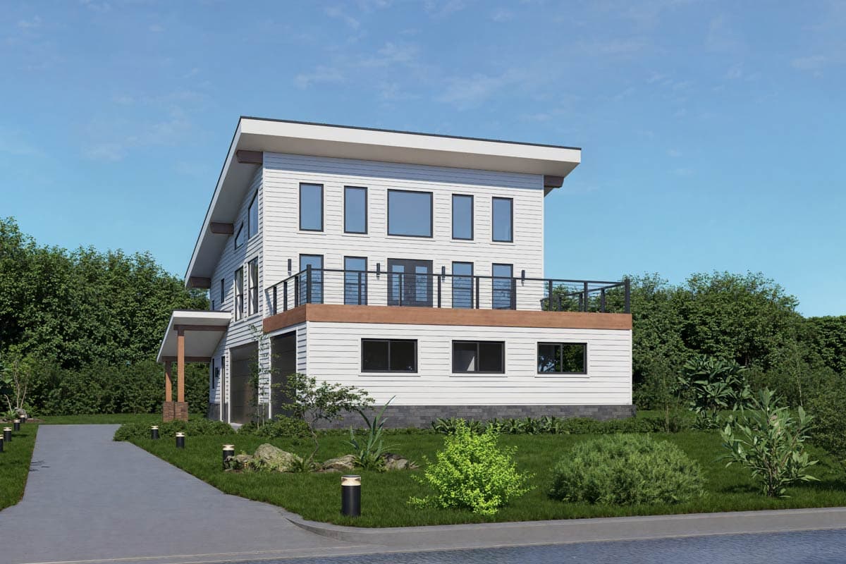 Modern three-story house plan exterior with a flat roof, cantilevered balcony, and prominent window arrangements.