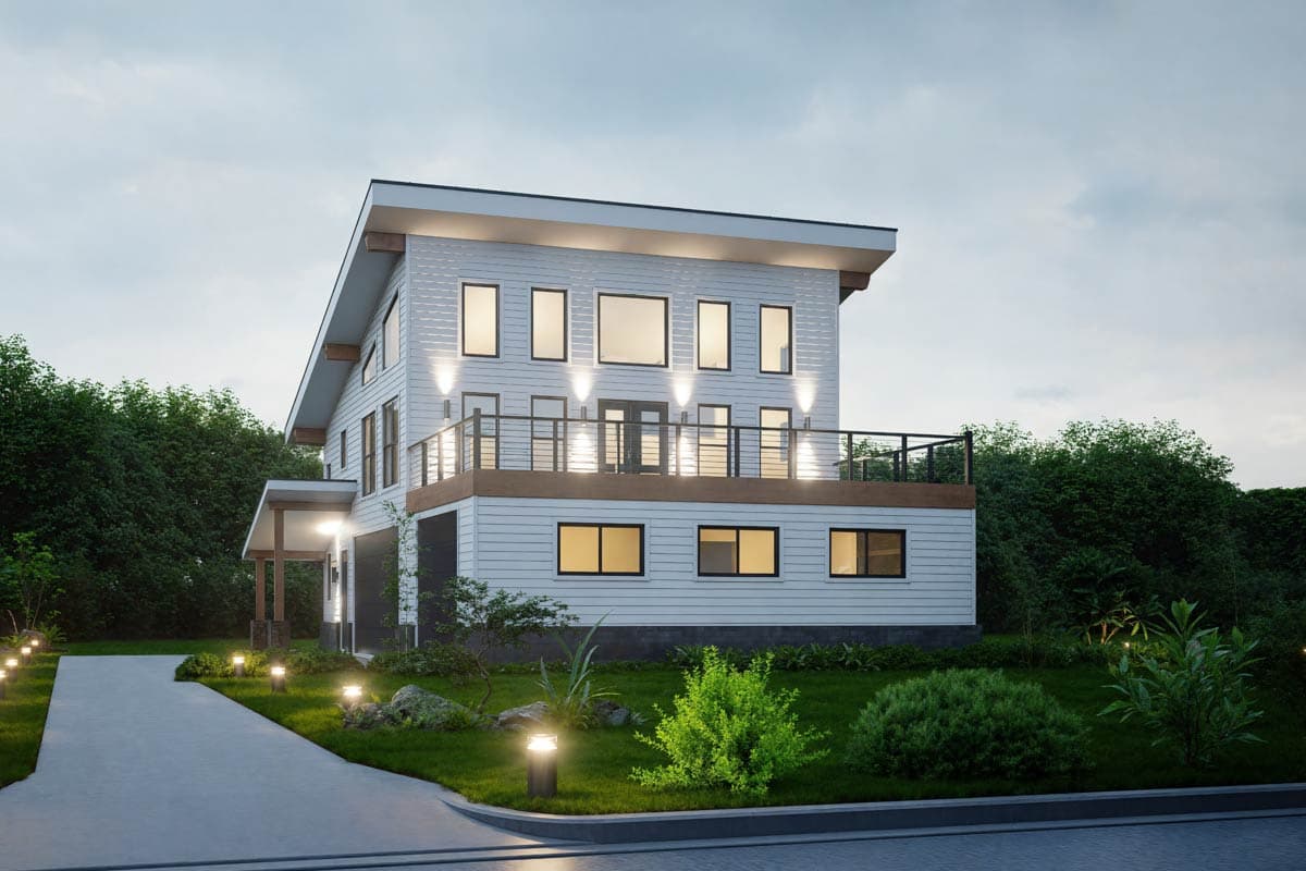 Modern house plan exterior with a sloped roof, multiple stories, a wrap-around deck, and a covered entryway.