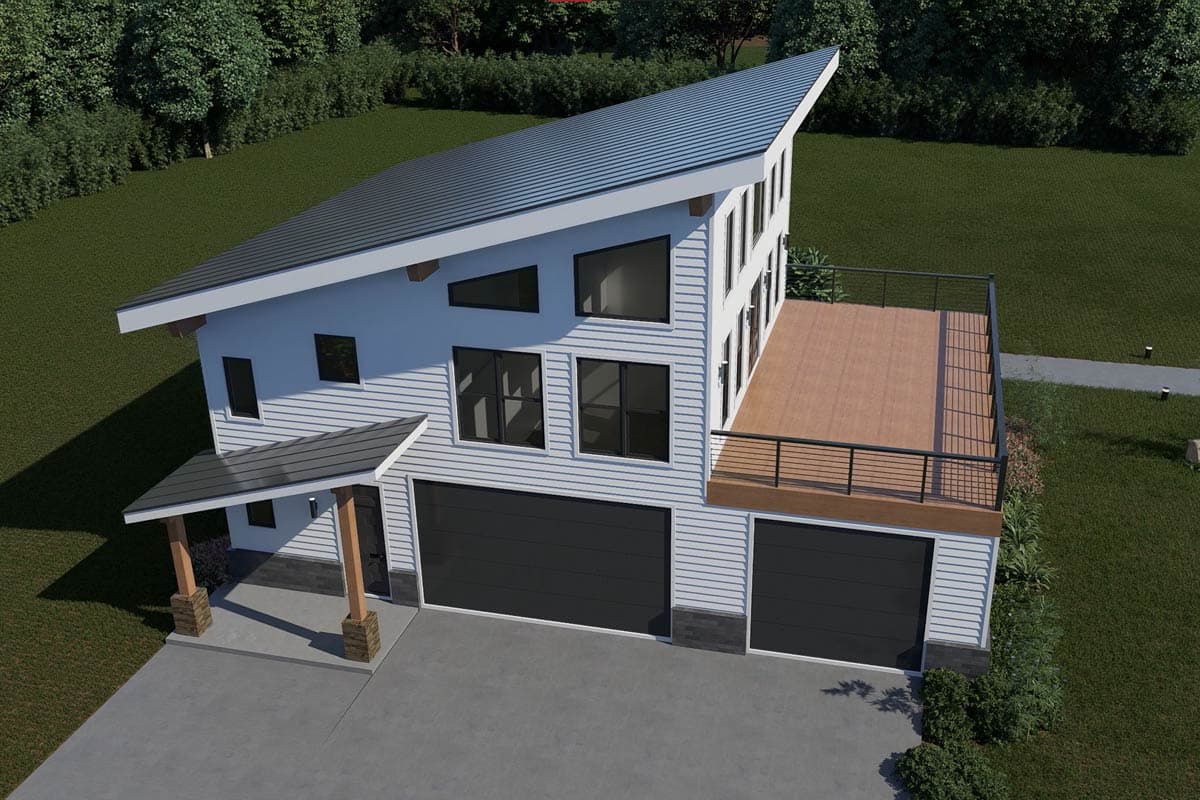Modern house plan exterior with a two-car garage, cantilevered deck, prominent angled roof, and vertical siding.