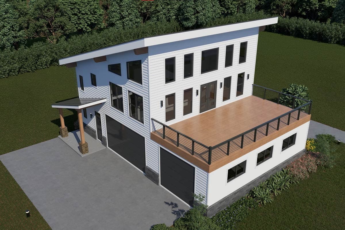 Modern house plan exterior with a cantilevered deck, two-car garage, and multi-level rooflines.
