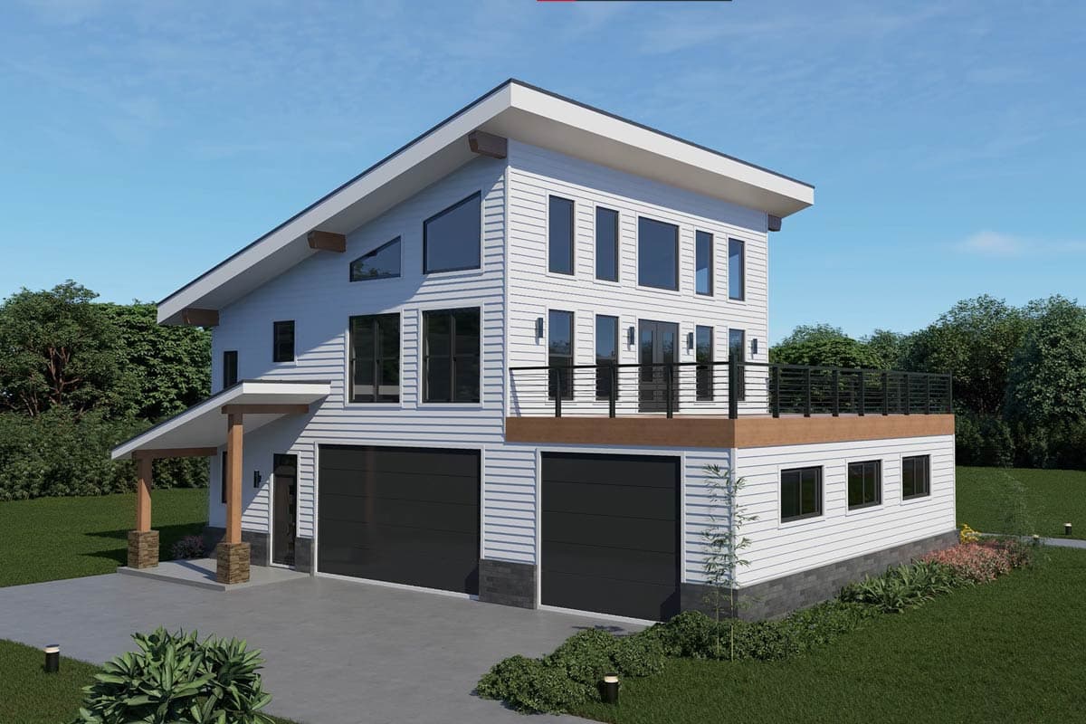 Modern house plan exterior with a steeply pitched asymmetrical roof, two-car garage, and a large deck.