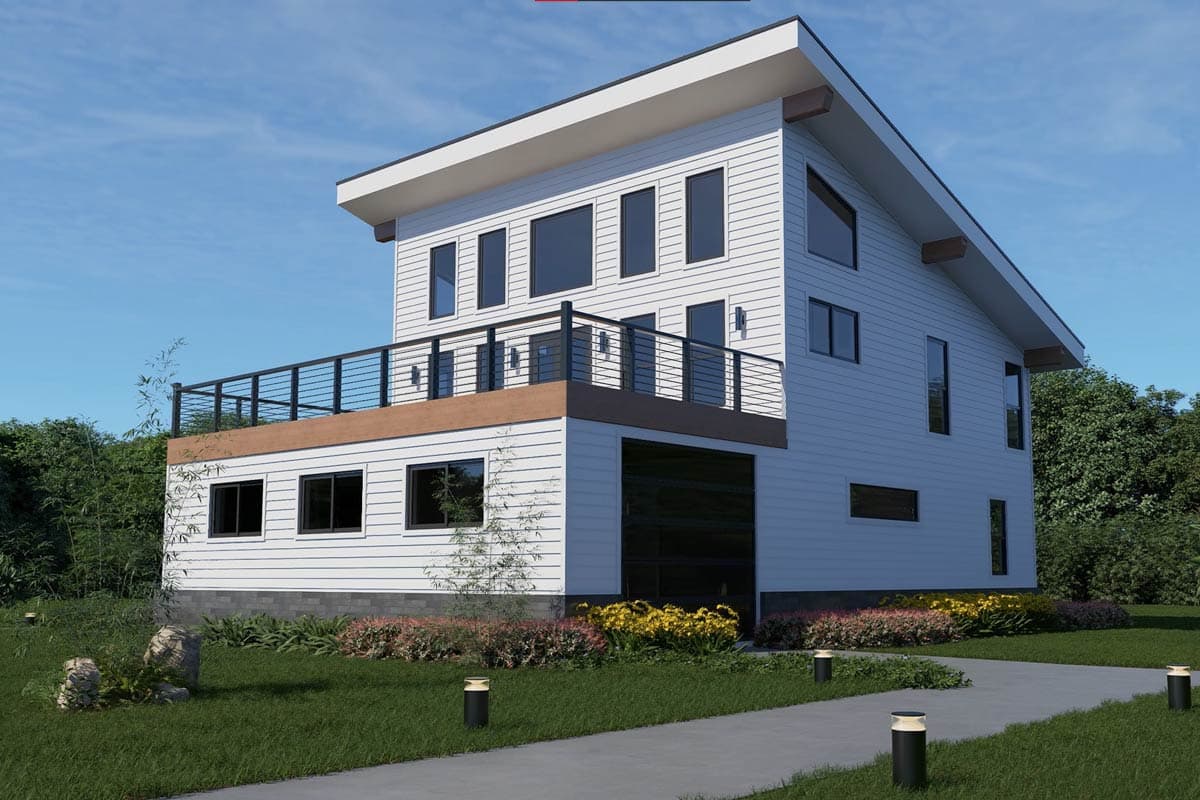 Modern house plan exterior with a sloped roof, balcony, multiple windows, and a garage door.