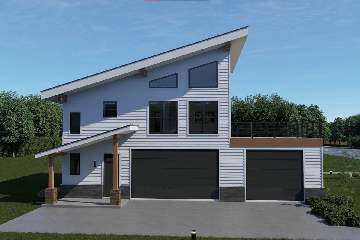 Modern house plan exterior with asymmetrical rooflines, two-car garage, and upper-level deck.