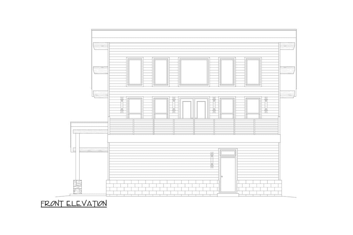 Front elevation drawing of a two-story house plan with horizontal siding, multiple windows, a balcony, and a prominent entry.