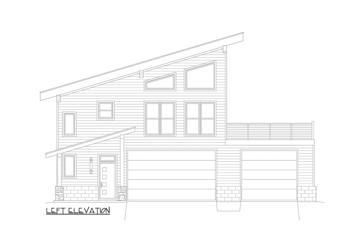 Left elevation house plan showing a modern two-story design with a sloped roof, multiple windows, and a three-car garage.