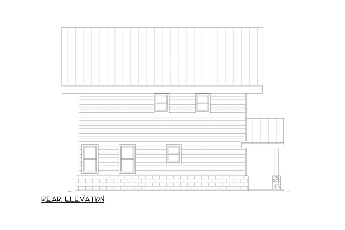 Rear elevation drawing of a two-story house with horizontal siding, a metal roof, and a small covered porch.