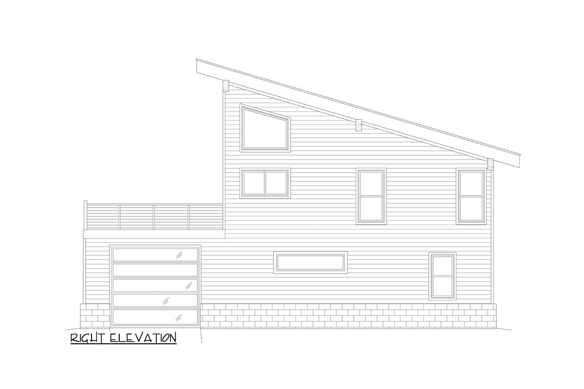 Right elevation drawing of a two-story house plan with a slanted roof, garage, and deck.