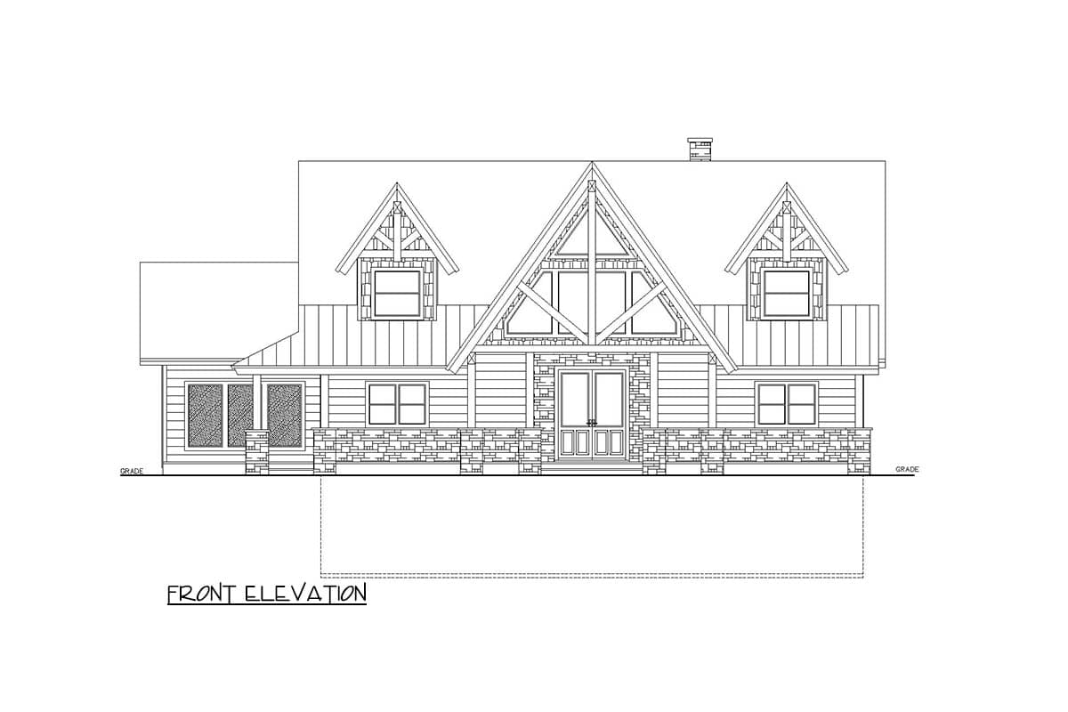 Front elevation drawing of a two-story house plan with prominent gables, stone base, and metal siding.