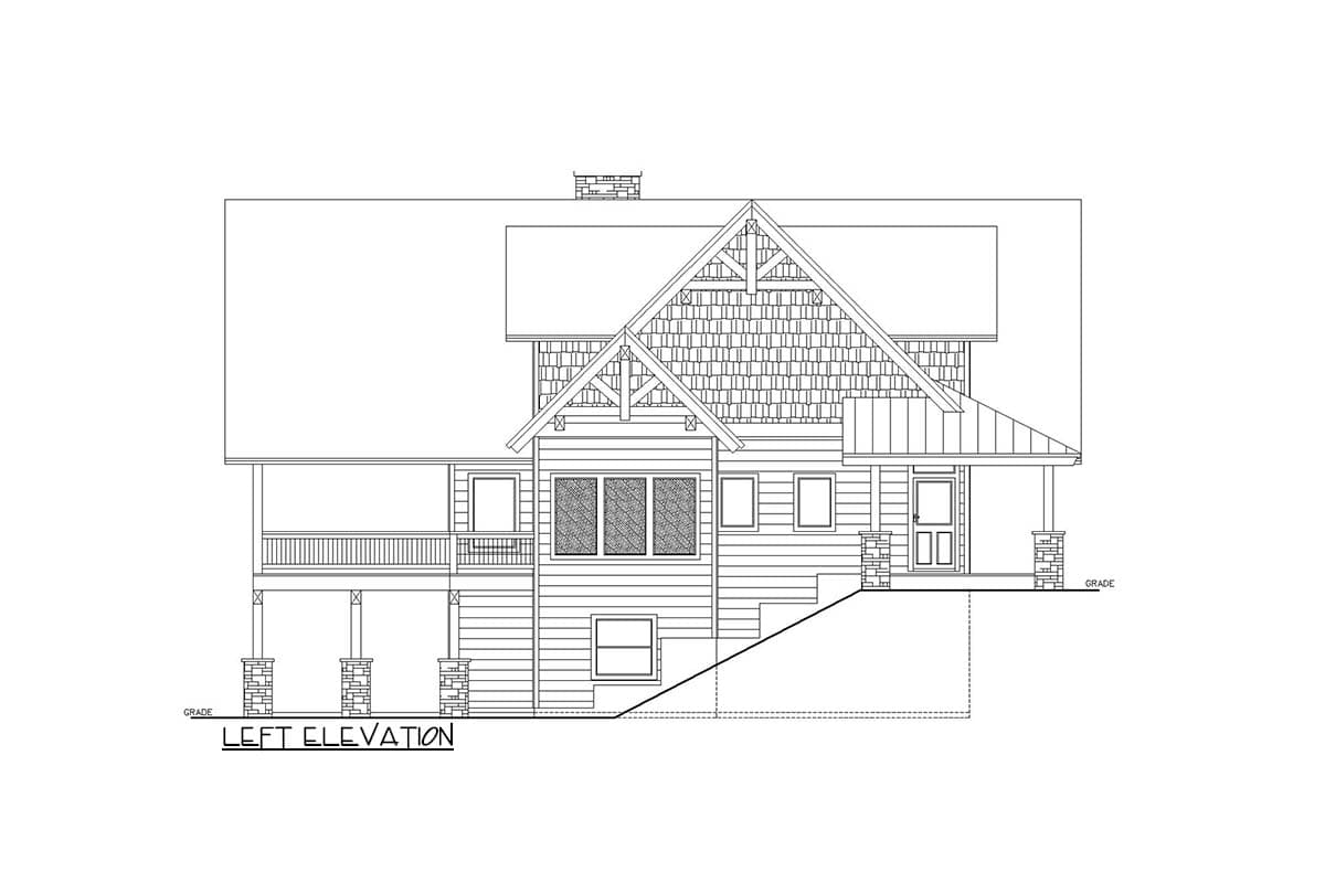 Left elevation house plan with a covered porch, gabled dormer, and stone-clad porch columns.