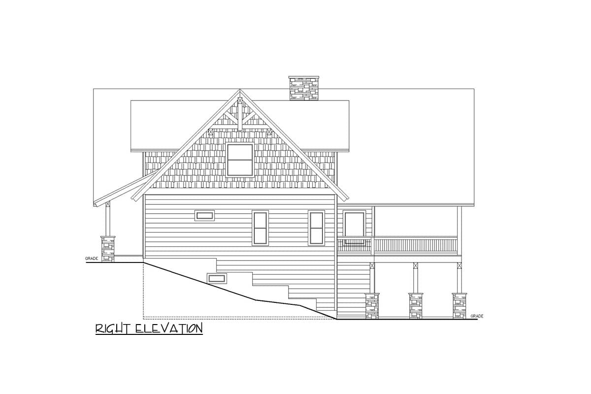 Right elevation drawing of a two-story house with shingle gable, porch, and stone-clad support posts.