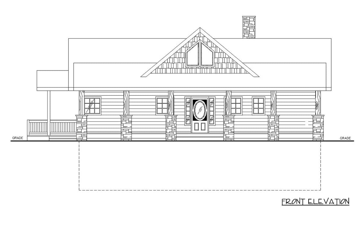Front elevation drawing of a log house plan with a covered porch, stone-clad columns, and a prominent gable dormer.