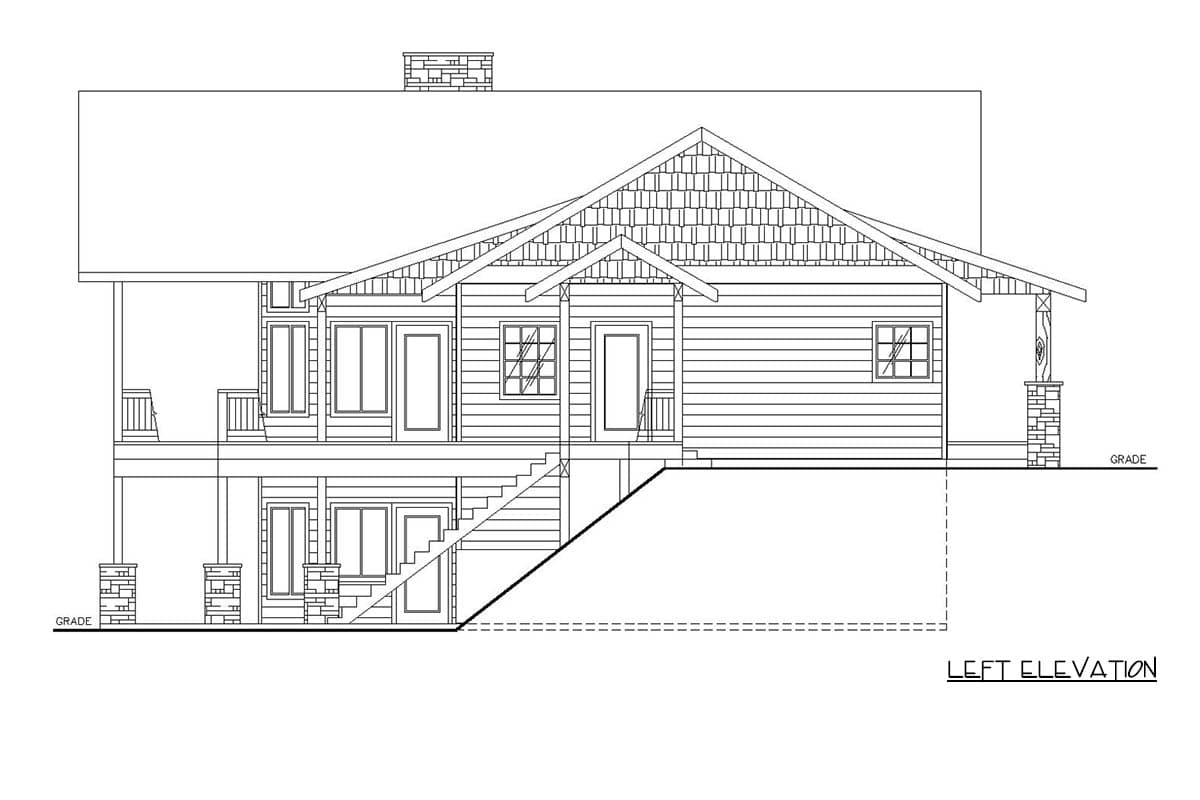 Left elevation house plan showing a two-story home with a covered porch, gabled roof, and a stone chimney.