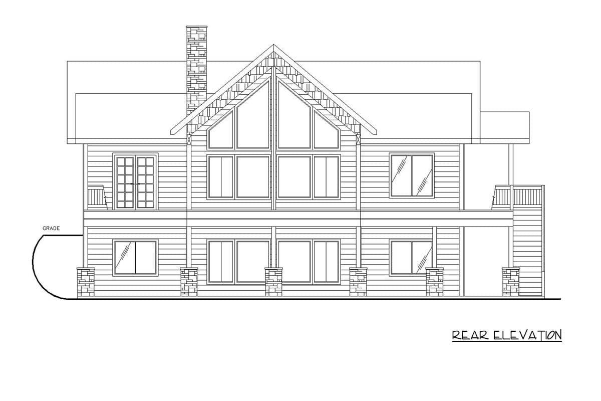 Rear elevation drawing of a two-story house with a gabled roof, prominent stone chimney, and multiple large windows.