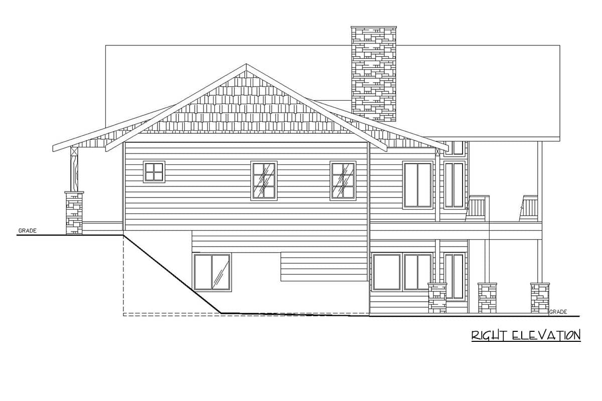 Right elevation house plan with gabled roof, stone chimney, covered porch, and multiple windows.