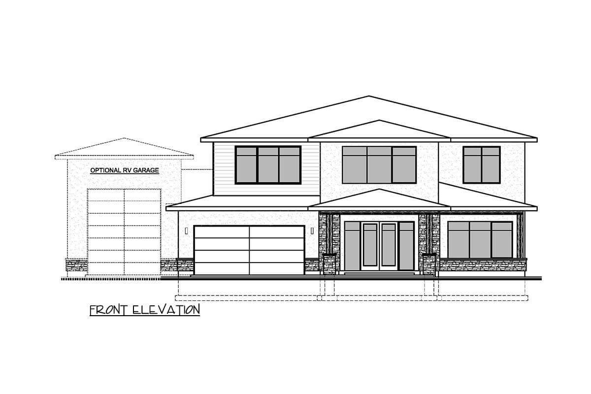Front elevation house plan with two stories, a two-car garage, an optional RV garage, and stone accents.