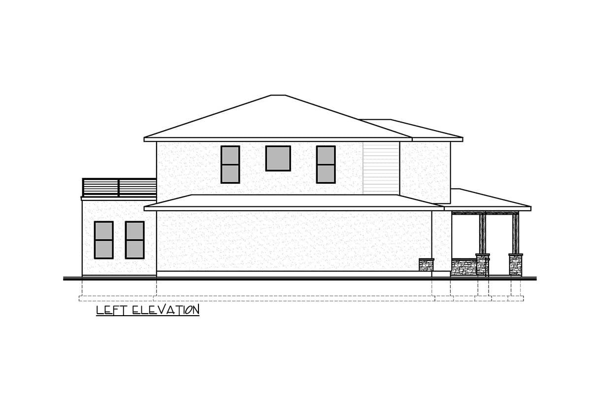 Left elevation house plan: two-story, gable roof, covered porch with stone columns, and upper-level balcony.