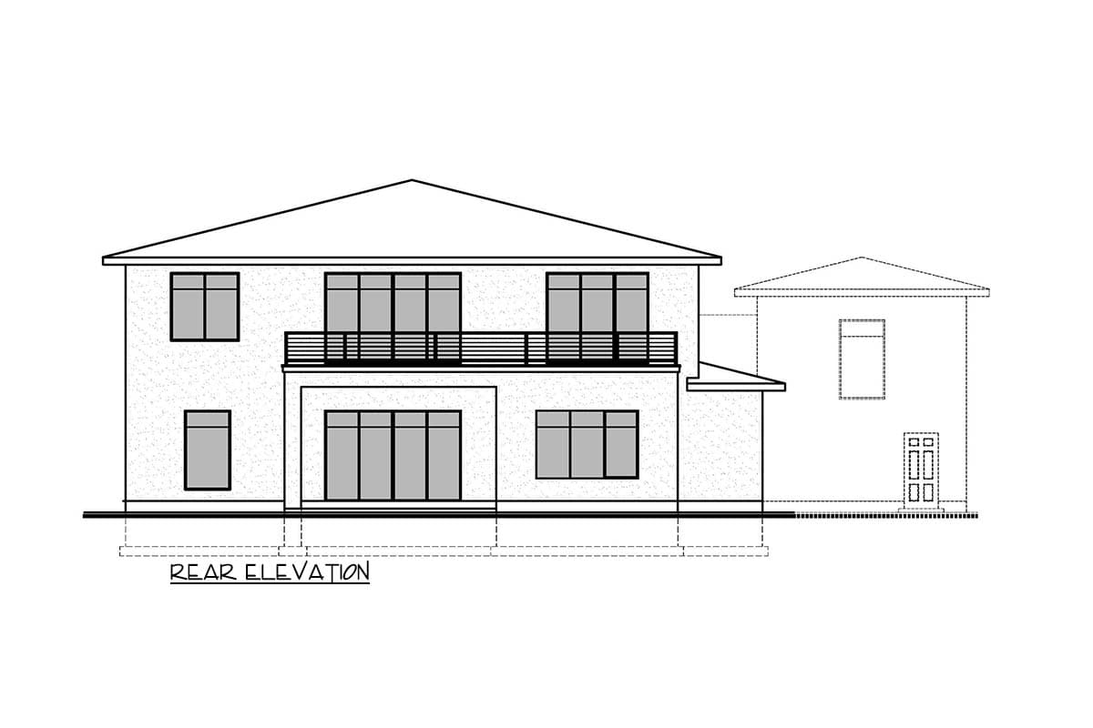 Rear elevation drawing of a two-story house with a second-floor balcony, large windows, and an attached secondary structure.
