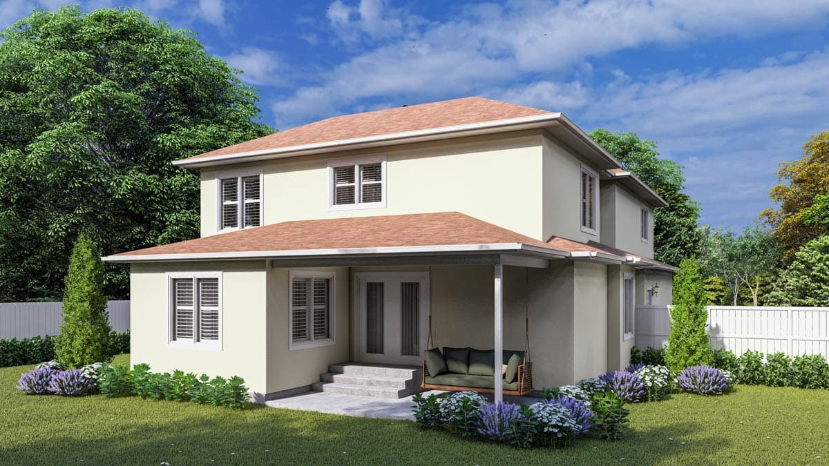 Two-story house plan exterior with a covered porch featuring a swing, double doors, and multiple windows.