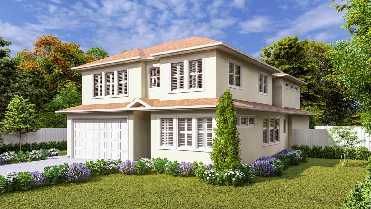Two-story house plan exterior with a front-facing garage, multiple gables, and numerous shuttered windows.