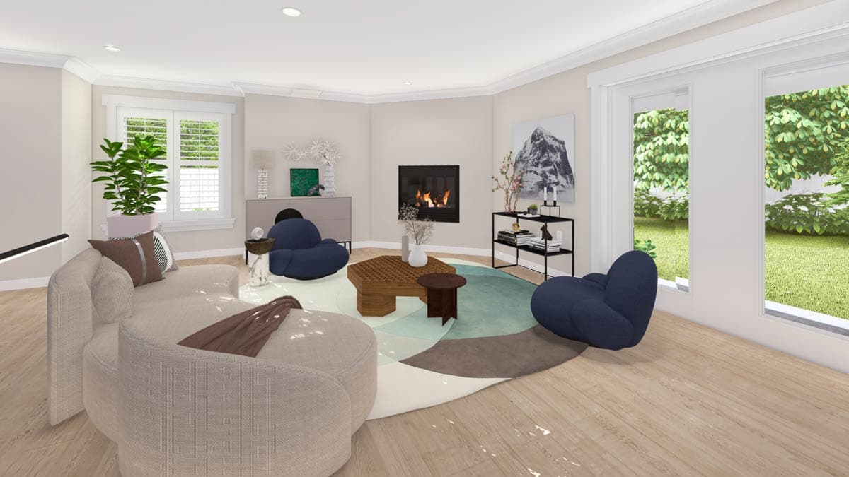 Living room rendering with fireplace, sectional sofa, accent chairs, and large windows overlooking a garden.