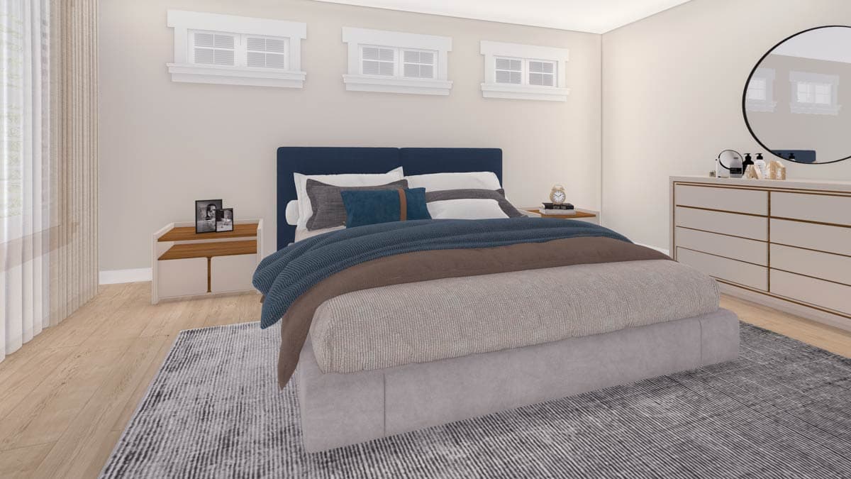 Bedroom rendering with a bed, nightstand, dresser, and three horizontal windows with white trim.