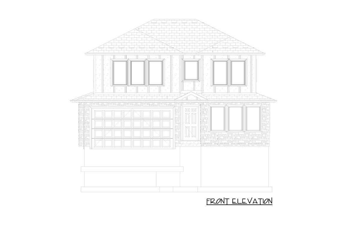 Front elevation drawing of a two-story house plan with integrated garage, multiple windows, and a gabled roof.