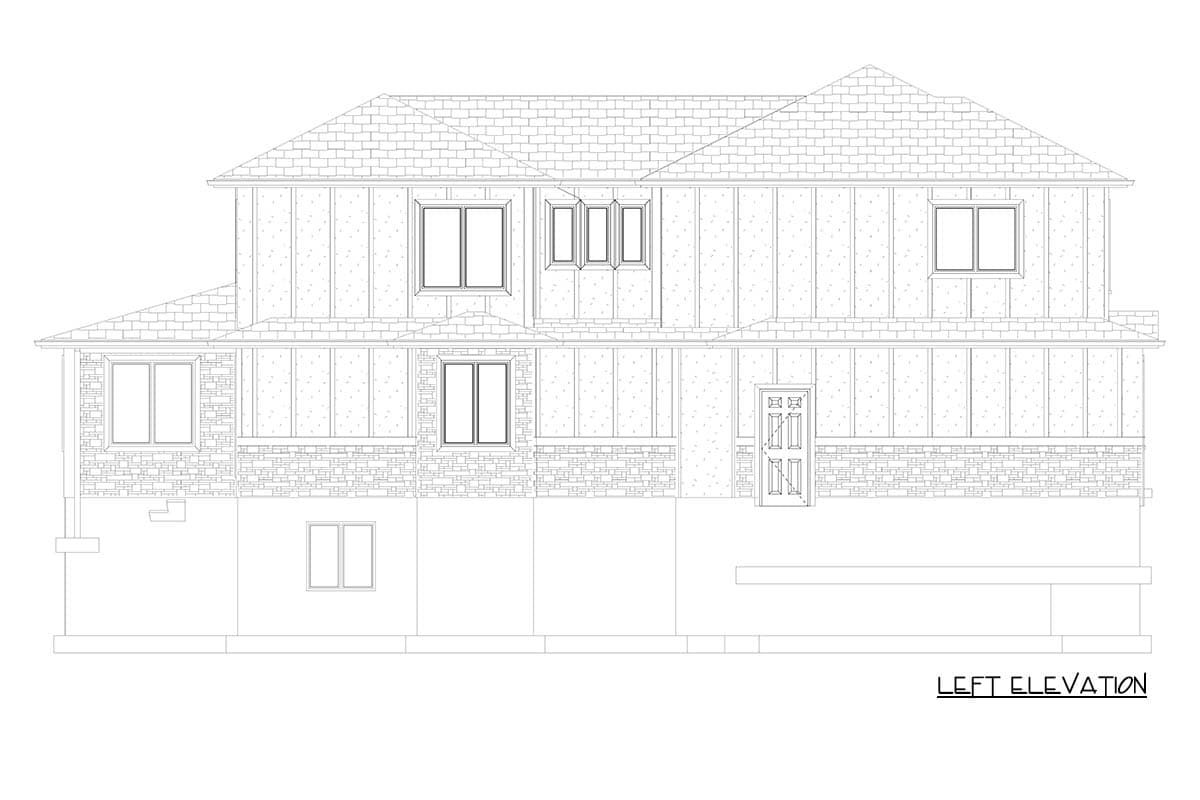 Left elevation drawing of a two-story house plan with stone foundation, vertical siding, and multiple windows.