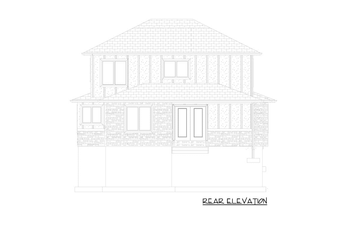 Rear elevation drawing of a two-story house plan featuring gabled roof, varied window styles, and stone and panel siding.