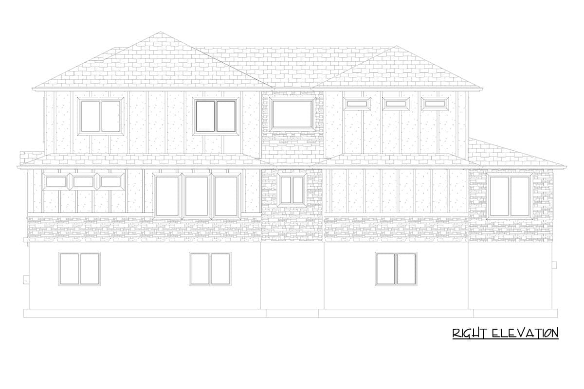 House plan right elevation drawing shows a two-story structure with mixed siding and stone accents, and varied window styles.