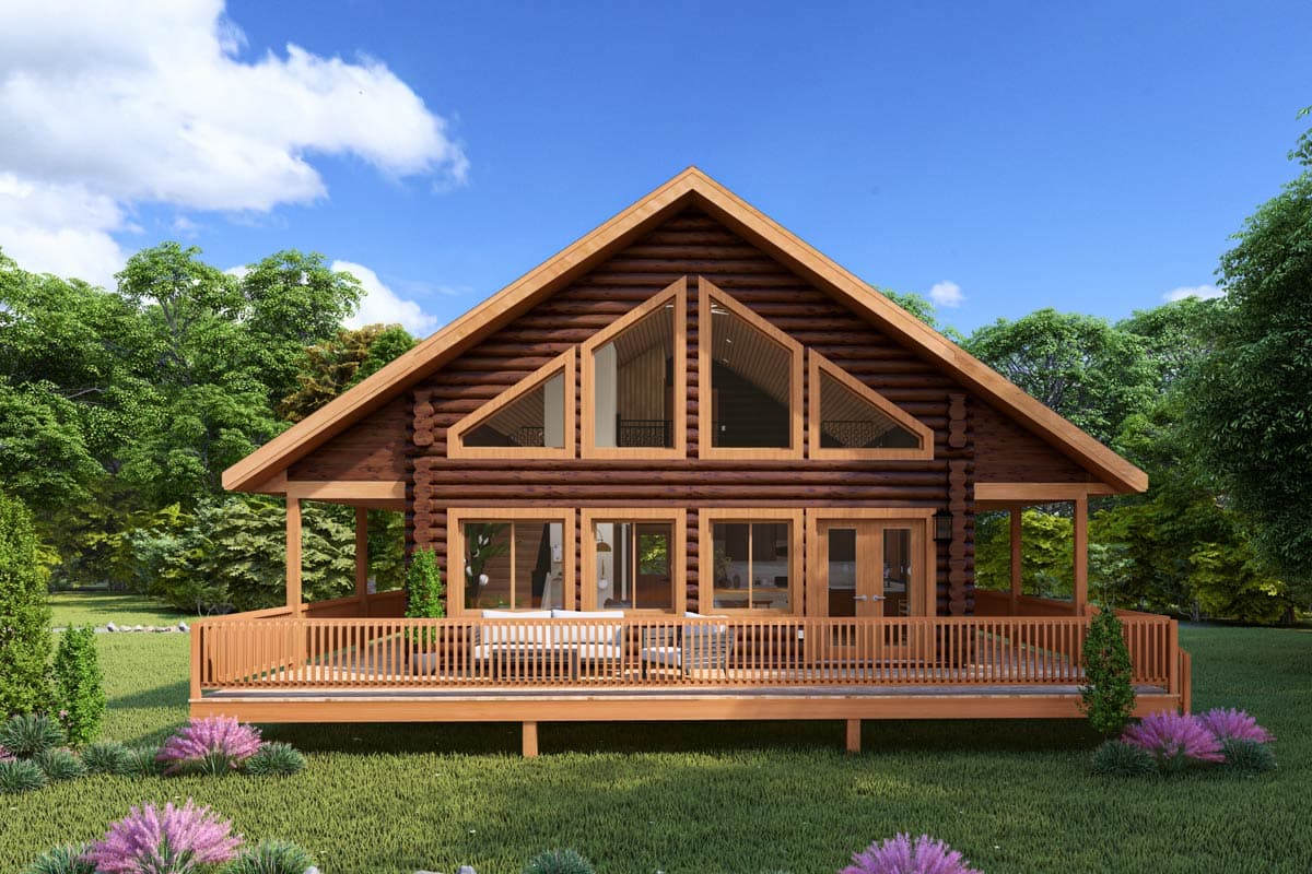 House plan exterior. Log cabin style with a gable roof, large triangular windows, and a wraparound deck with railings and porch.