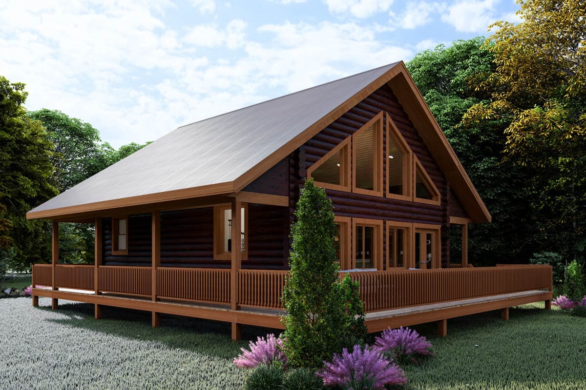Log cabin house plan exterior with a covered porch, wraparound deck, and triangular windows under a metal roof.