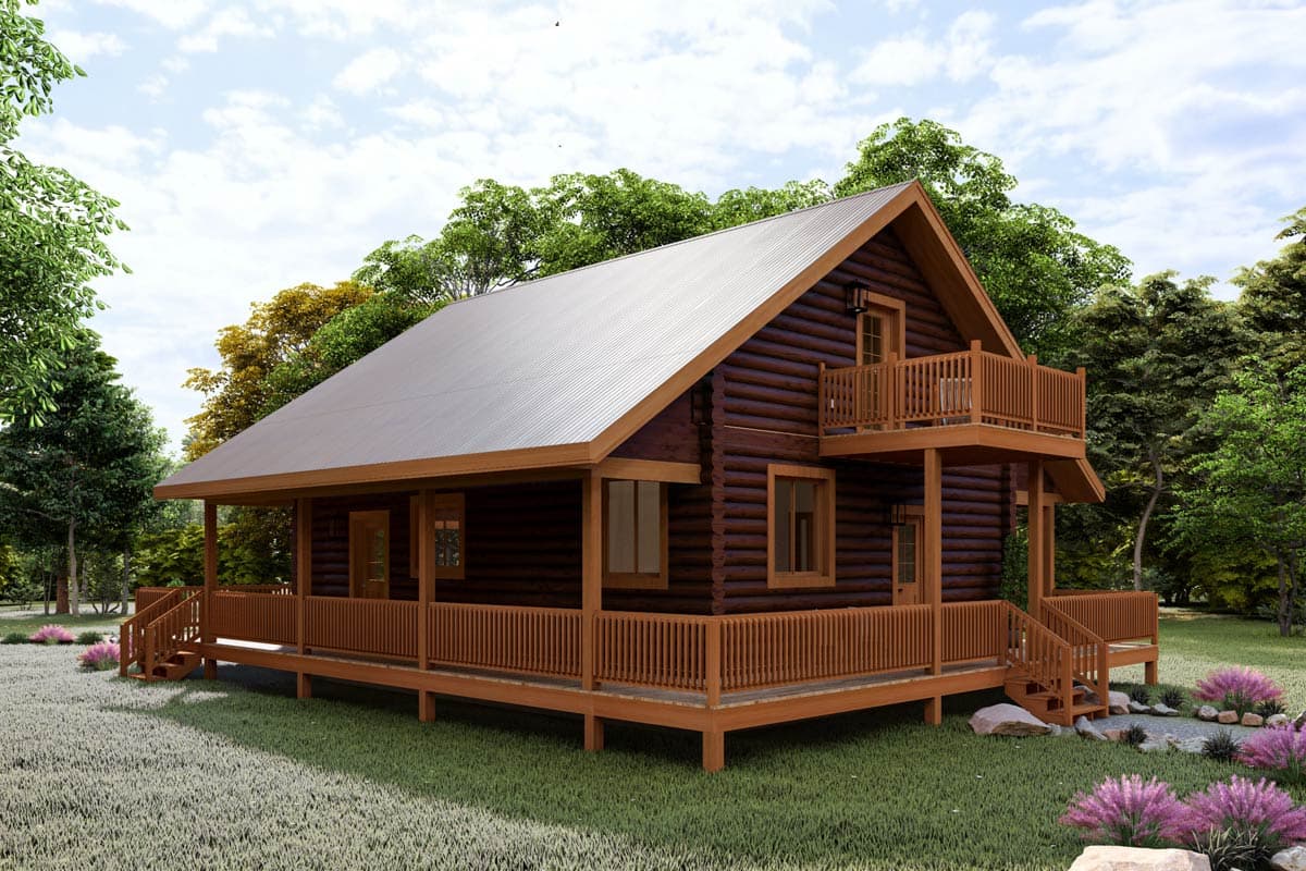 Log cabin house plan exterior with wraparound porch, second-story balcony, and metal roof.