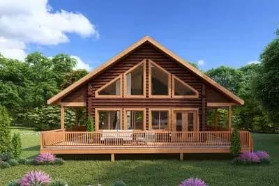 Rustic Log Cabin House Plan with Loft and Two-Story Great Room