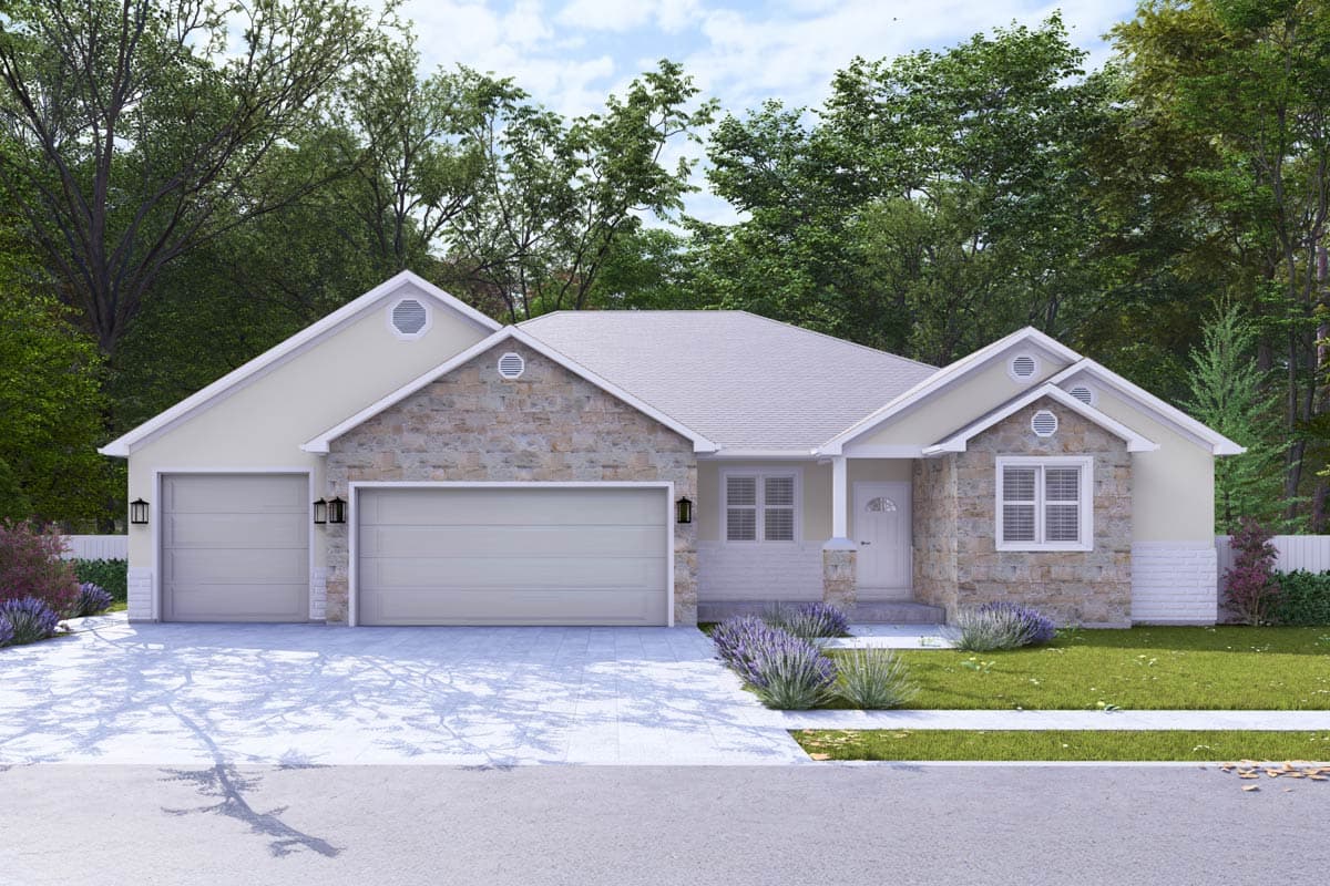 House plan exterior with two-car garage, stone veneer accents, gables, and a front porch. One-story Ranch style house with a gray roof.