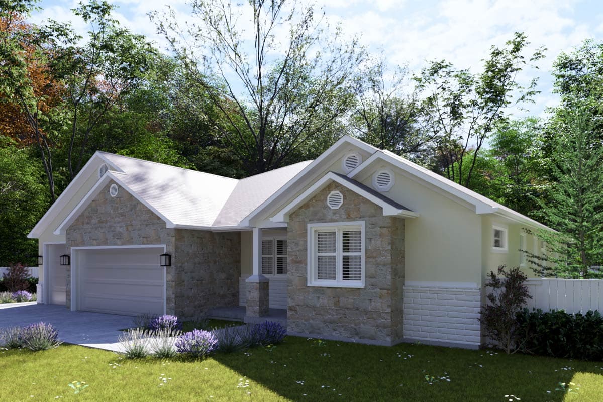 House plan exterior featuring stone facade, two-car garage, gables, and dormer windows.