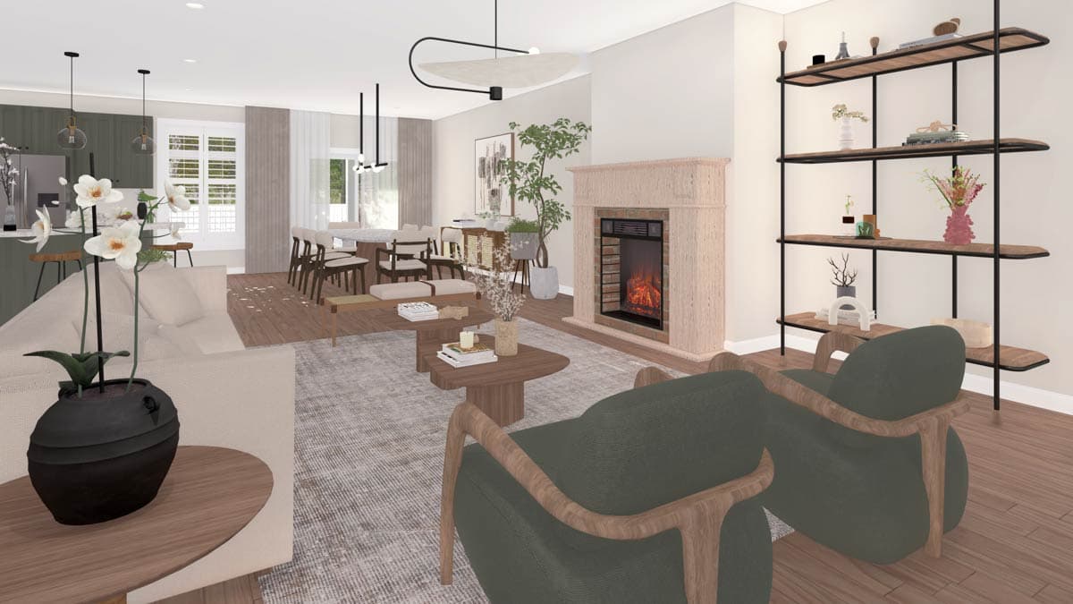 Open-concept living, dining, and kitchen area with fireplace, island, and large windows.