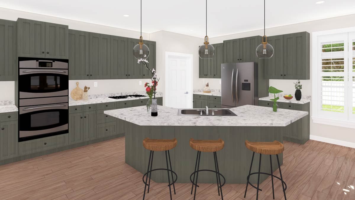 Kitchen with a large island featuring a sink, dark green cabinetry, stainless steel appliances, and pendant lighting.