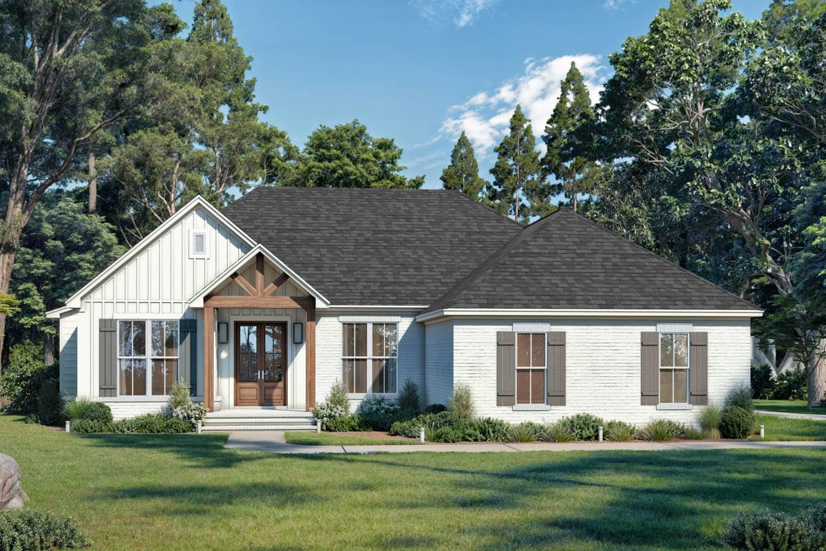 House plan exterior: Modern Farmhouse style, one story, white brick, board-and-batten gable, exposed wood beams over double door entry, and shutters.