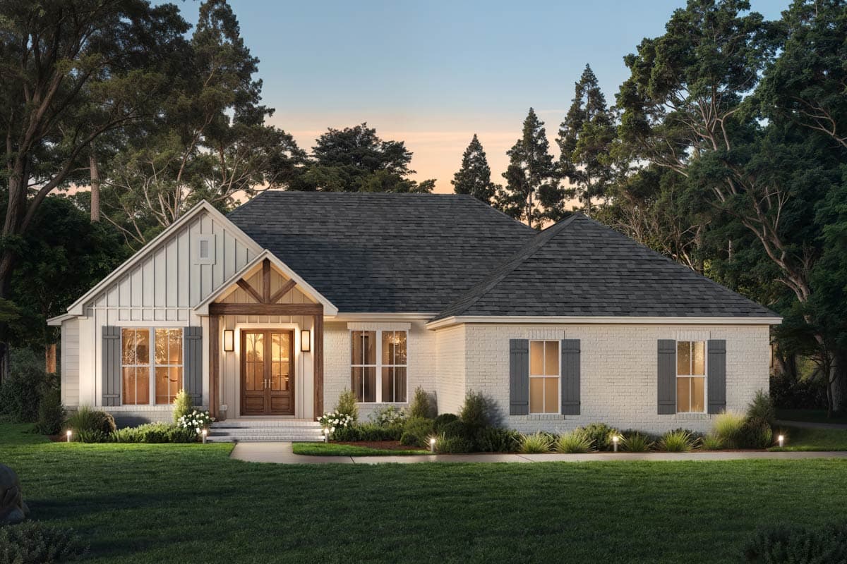 House plan exterior: One-story Modern Farmhouse with white brick, prominent gables, a covered entry with timber accents, and dark shutters.