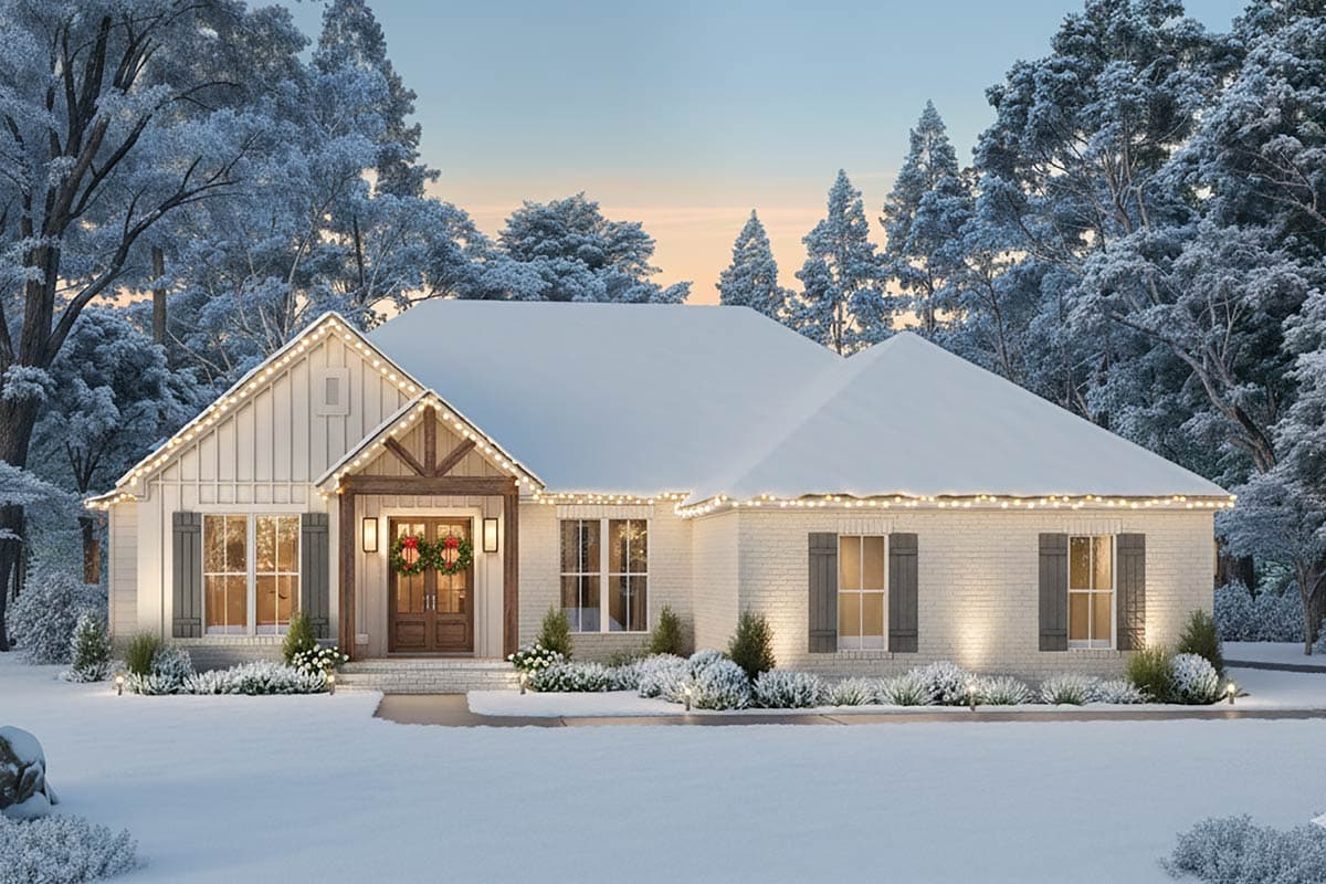 House plan exterior: Modern Farmhouse, one story, white brick, prominent gable, covered porch with wooden beams, festive lights.