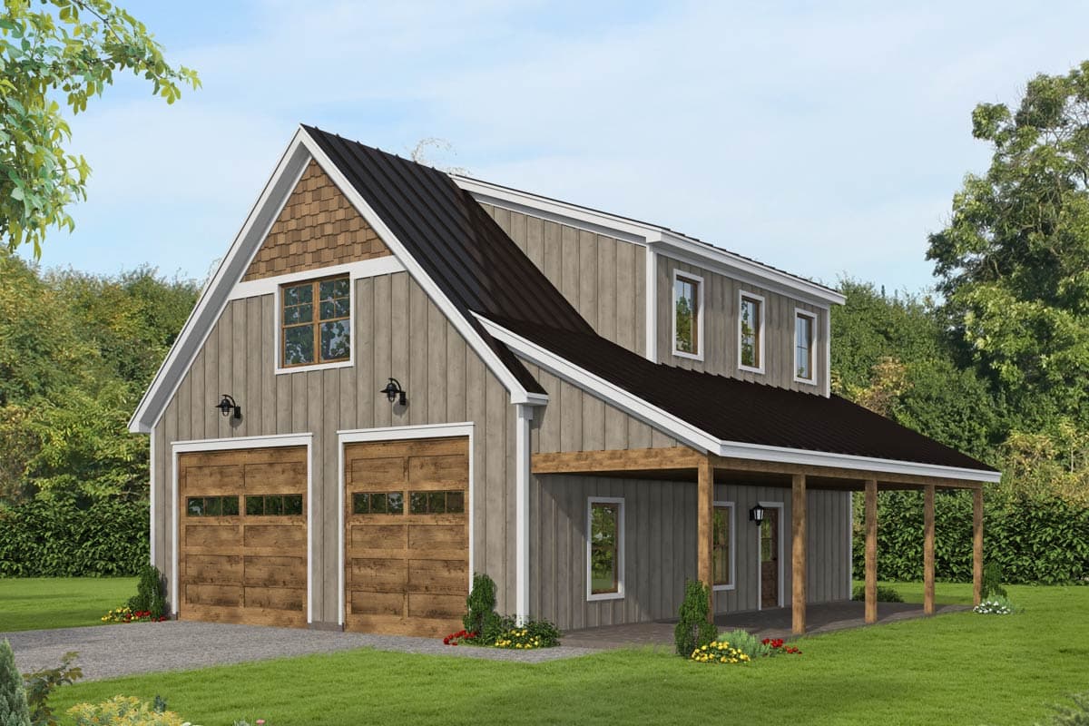 House plan exterior. Two-story barn-style house with a covered porch and a gabled roof. Includes a two-car garage with wood-look doors.