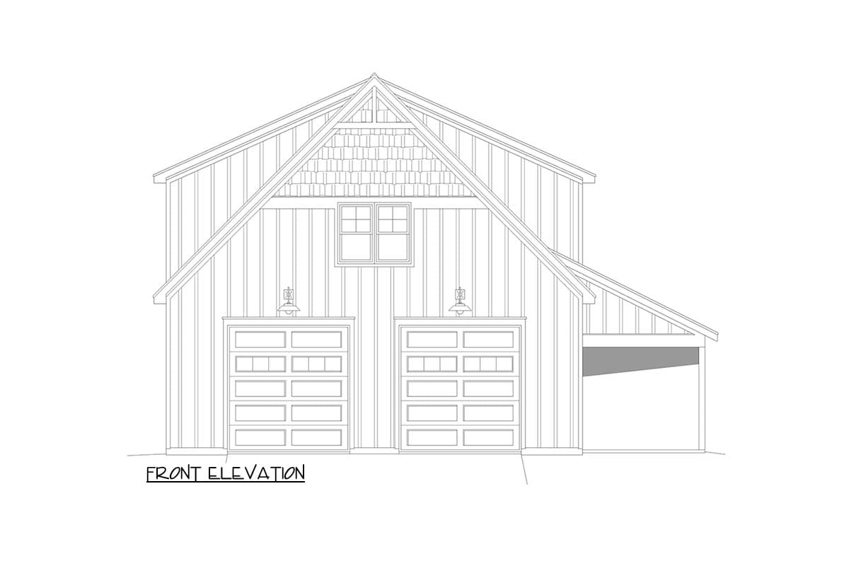 Front elevation drawing of a two-story house plan with two garage doors, a gable dormer, and a shed roof extension.