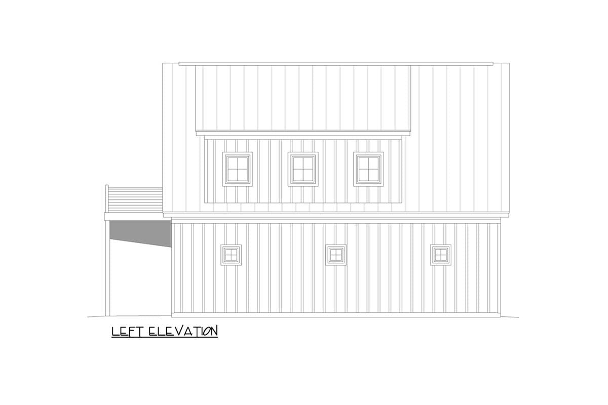 Left elevation of a two-story house plan with vertical siding, multiple windows, and a deck.