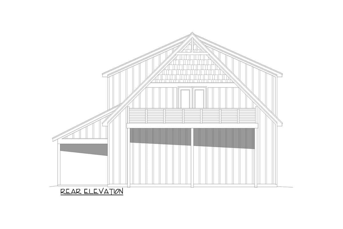 Rear elevation drawing of a house plan with a prominent gable, a balcony, and an attached covered carport.
