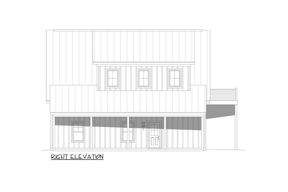 Right elevation house plan with a covered front porch, dormer windows, and a side balcony.