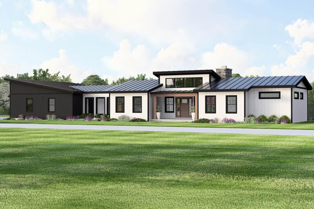 House plan exterior. Modern, one-story home with contrasting black and white siding. Features include a covered entry, shed and gabled rooflines.